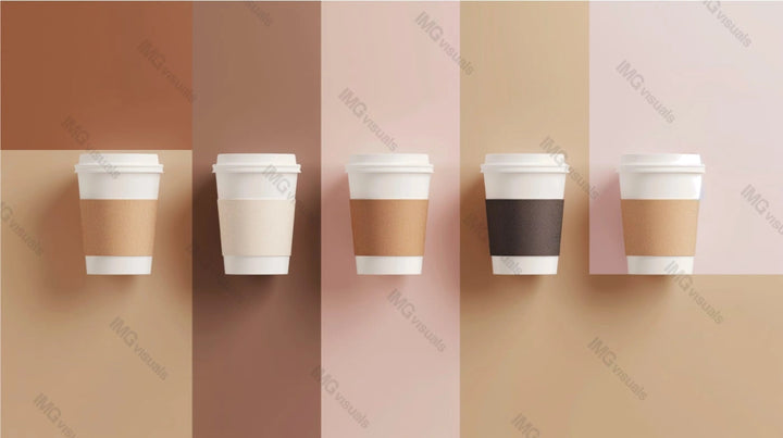 Five coffee cups with sleeves mockup against striped brown pink background, ai generated. Coffeecups template advertising image. Color contrast, simplicity. Takeaway beverages mock up photorealistic