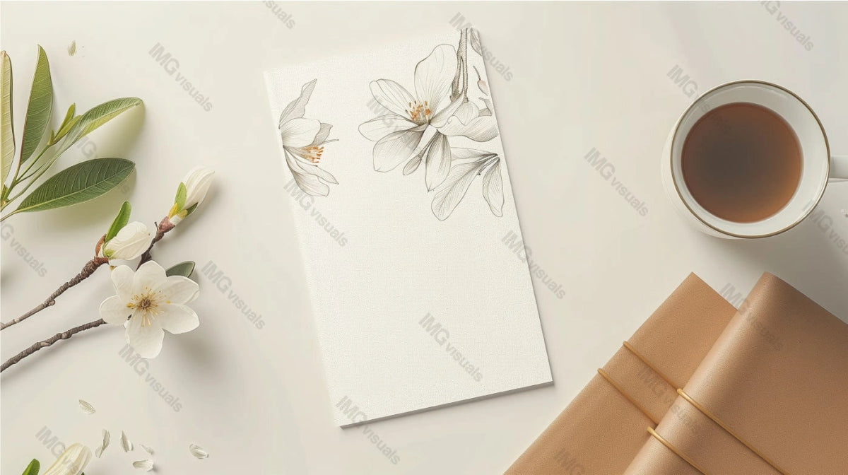 Flat lay of beautifully decorated card mockup with white magnolia flowers, ai generated. Coffee cup, leather-bound journals. Paper template advertising image. Invitation card mock up photorealistic