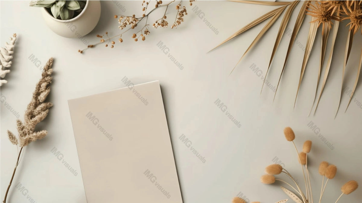 Flat lay of blank card mockup surrounded by neutral-toned dried flowers, ai generated. Potted plant on beige surface. Serene and natural aesthetic template advertising image. Mock up photorealistic