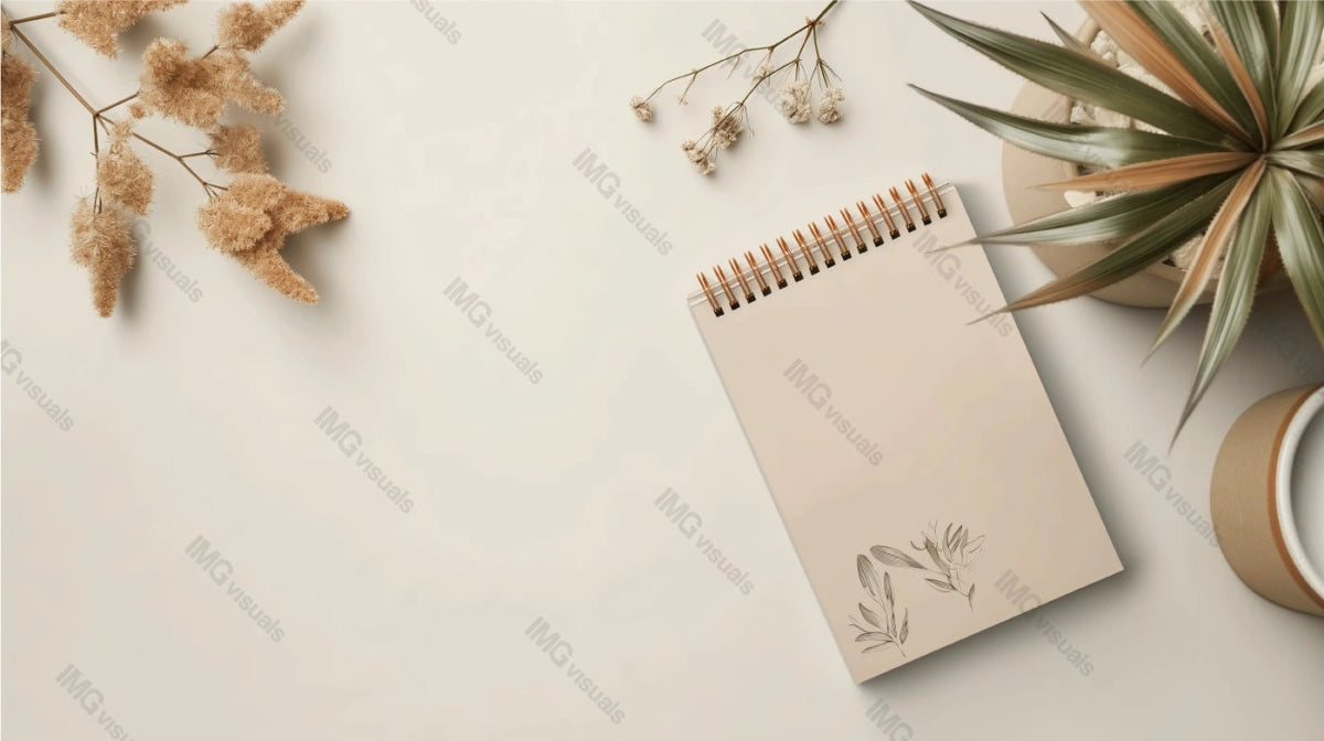 Flatlay spiral notepad mockup with minimalistic floral sketch on cover, ai generated. Dried flowers, potted plant. Stationery item template advertising image. Botanical theme mock up photorealistic