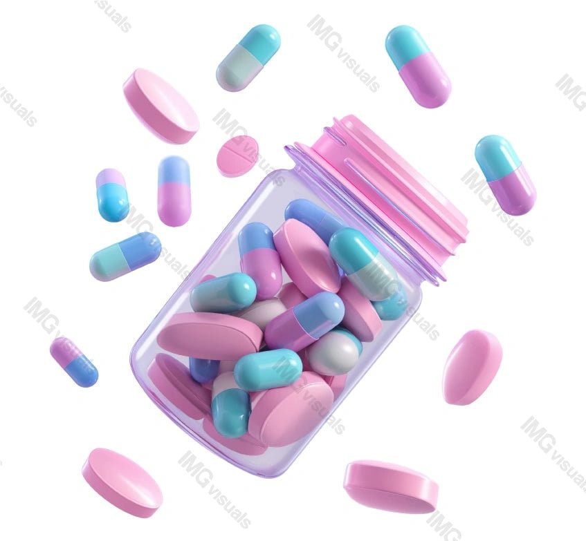 Floating tablets capsules from bottle transparent image, ai generated. Vitamins, supplements. Pharmaceutical isolated cutout 3d render. Medical treatment container cut out clipart design element png