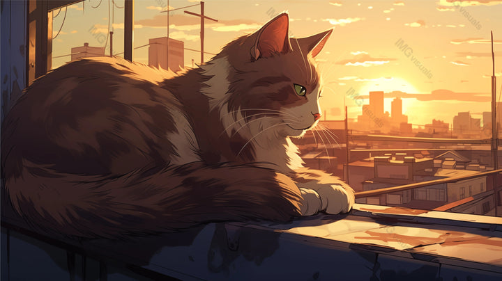Fluffy cat enjoys golden hour from window ai generated 2D cartoon illustration. Urban skyline gazing lofi wallpaper background lo-fi art. Peaceful pet. Feline relaxation flat image cozy chill vibe