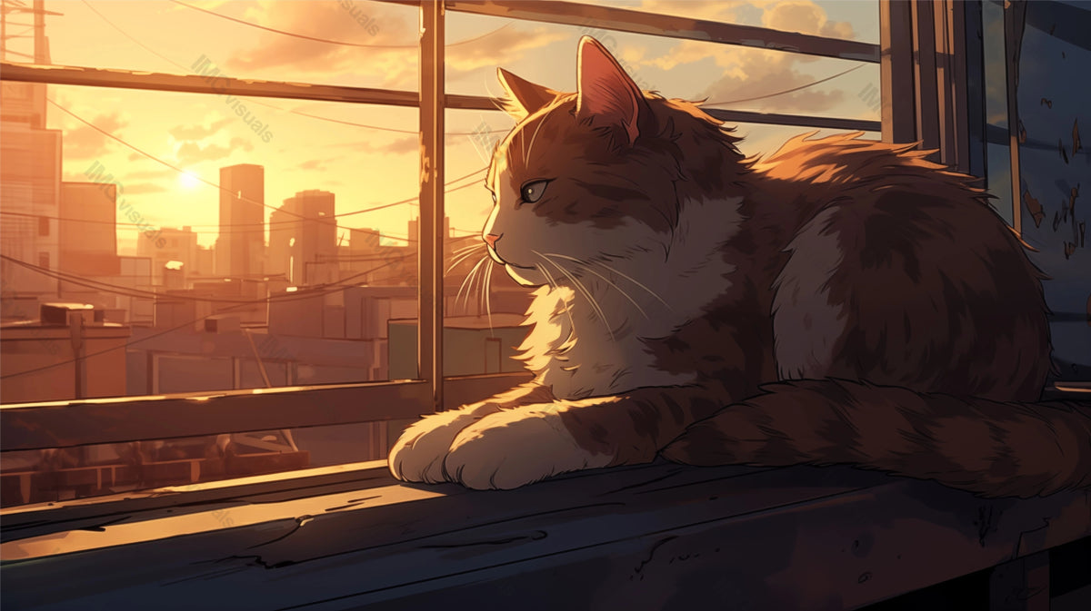 Fluffy cat looks out onto city in warm glow of setting sun ai generated 2D cartoon illustration. Calm evening lofi wallpaper background lo-fi art. Contemplative kitten flat image cozy chill vibe