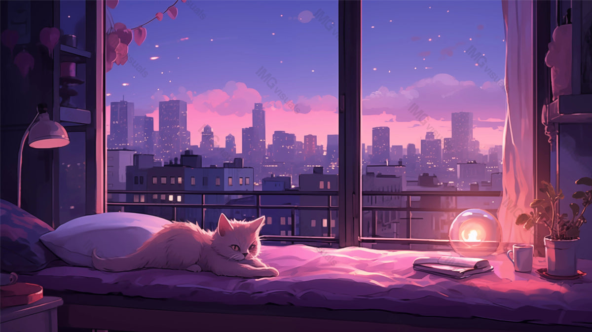 Fluffy cat rests on bed with urban sunset window ai generated 2D cartoon illustration. City skyline during twilight lofi wallpaper background lo-fi art. Pet relaxation flat image cozy chill vibe