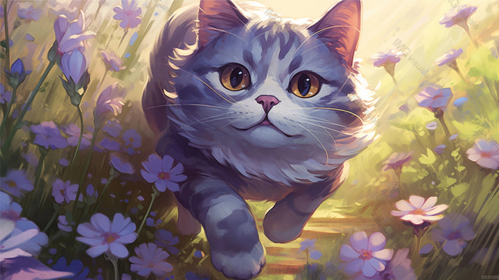 Fluffy gray cat running through chamomile field ai generated 2D cartoon illustration. Wildflowers camomiles kitten lofi wallpaper background lo-fi art. Blooming flowers flat image cozy chill vibe
