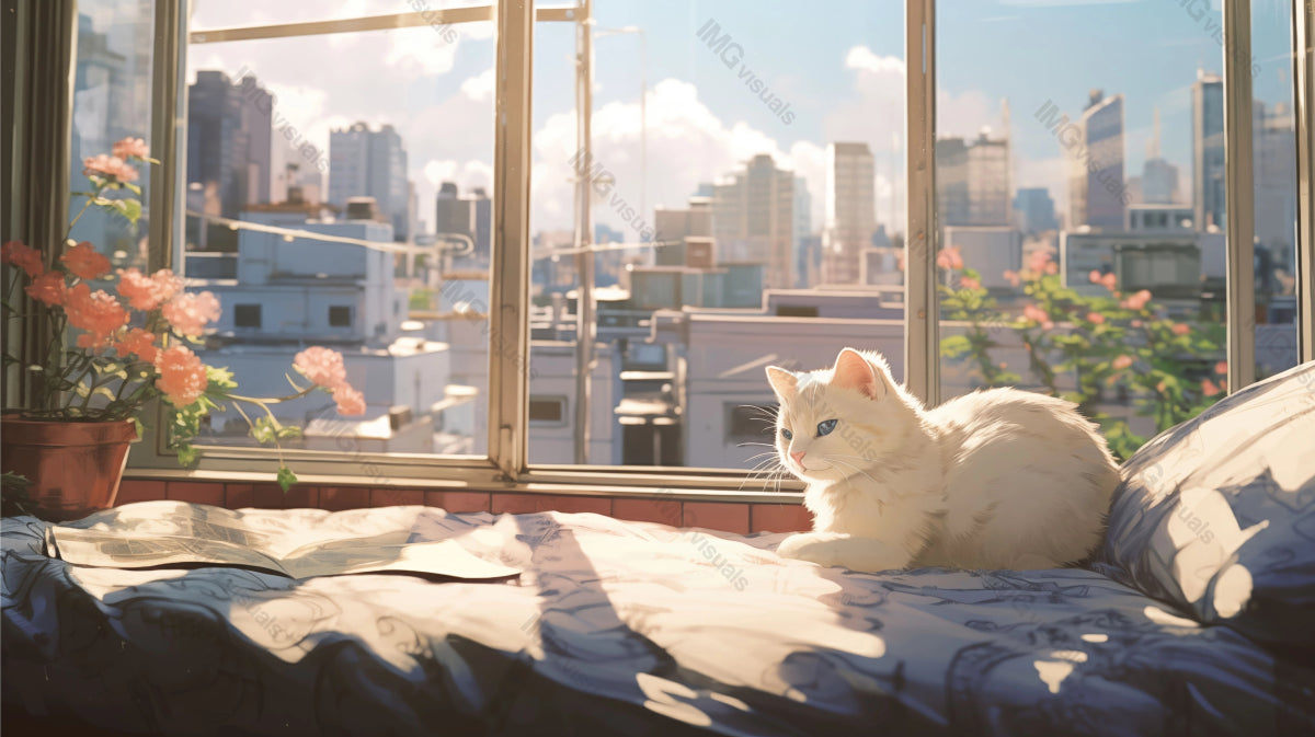 Fluffy white cat sits by open window cityscape view ai generated 2D cartoon illustration. Sunny day lofi wallpaper background lo-fi art. Blooming flowers, bright daylight flat image cozy chill vibe