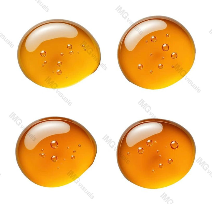 Four amber liquid gel drops with air bubbles transparent image set, ai generated. Essential oils, serums isolated cutouts 3d render. Medical cosmetic cut outs cliparts design elements png collection