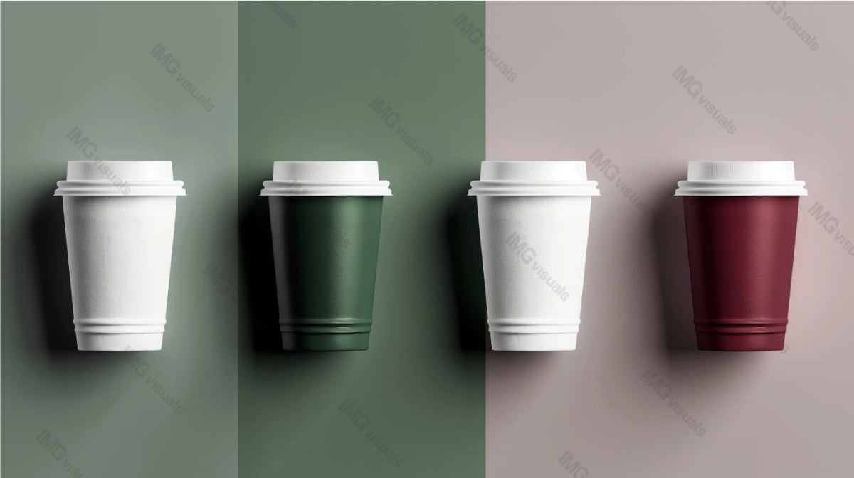 Four coffee cups mockup with white lids against green beige backdrop, ai generated. Coffeecups template advertising image. Minimalist modern design. Coffeeshop takeaway beverages mock up realistic