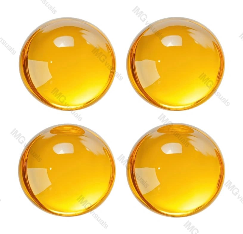 Four glossy round golden capsules with reflective surface transparent image set, ai generated. Supplements isolated cutouts 3d render. Soft gel pills cut outs cliparts design elements png collection