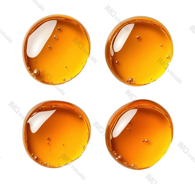 Four honey texture gel drops with air bubbles transparent image set, ai generated. Liquid supplements isolated cutouts 3d render. Therapeutic oils cut outs cliparts design elements png collection