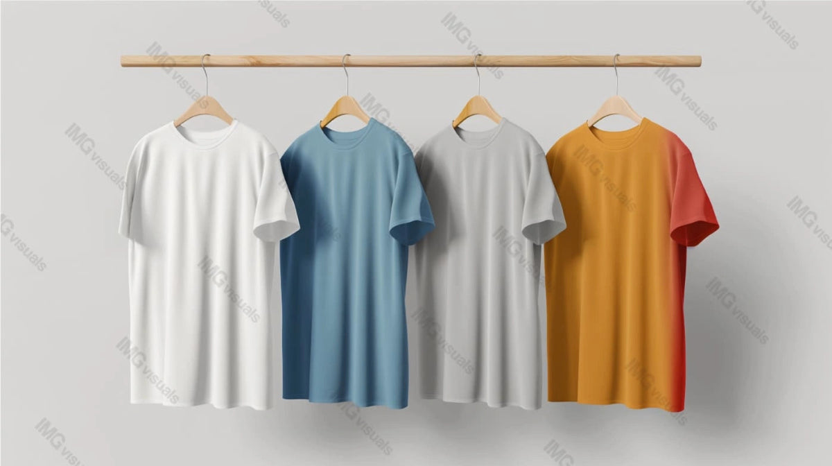 Four t-shirts mockup hang on wooden hangers from rod, ai generated. Tshirts in white, blue, grey, orange clothes template advertising image. Variety of colors and simplicity in design. Apparel mock up