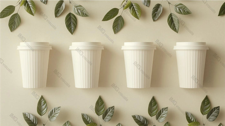 Four white coffee cups mockup with ribbed textures and green leaves, ai generated. Minimalistic foliage. Coffeecups template advertising image. Takeaway beverages mock up products photorealistic