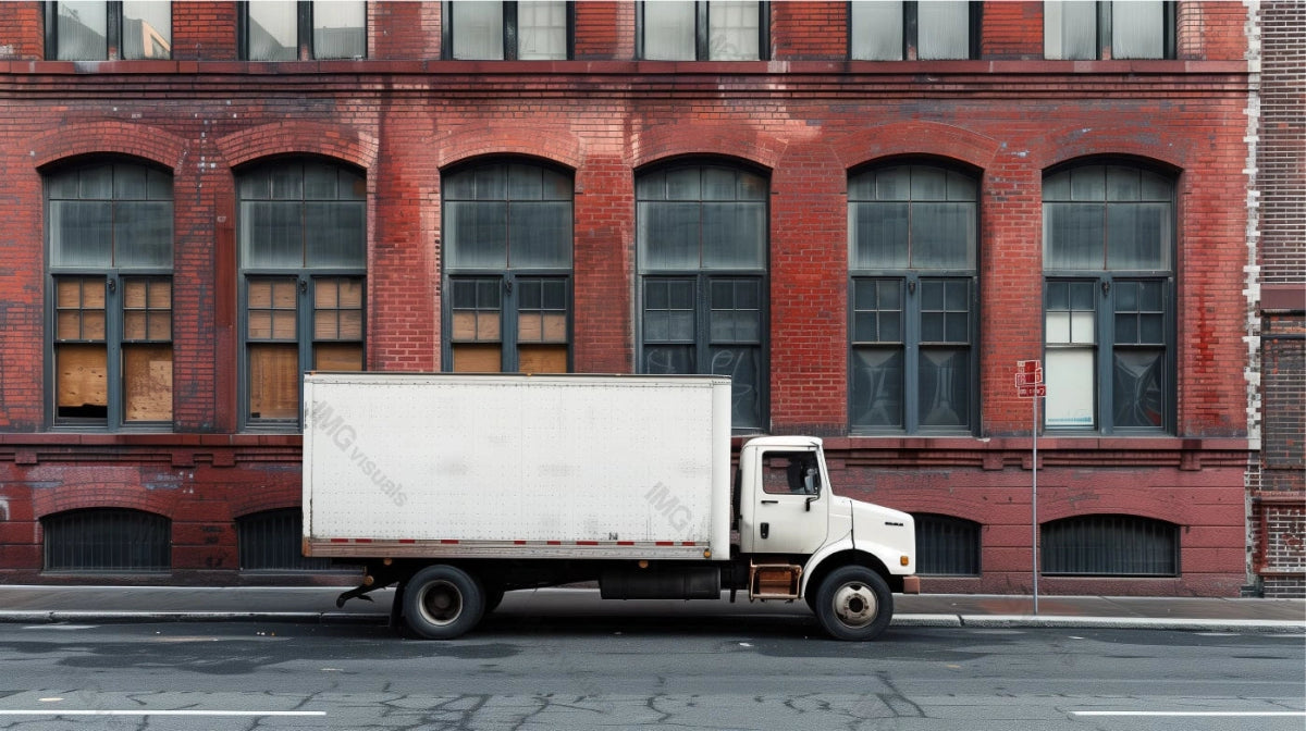 Freight truck mockup against red brick building with boarded-up windows, ai generated. Worn industrial aesthetic. Lorry template advertising image. Commercial vehicle mock up photorealistic