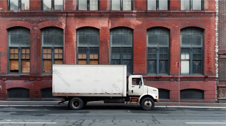Freight truck mockup against red brick building with boarded-up windows, ai generated. Worn industrial aesthetic. Lorry template advertising image. Commercial vehicle mock up photorealistic