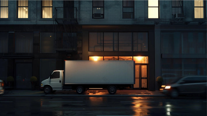 Freight truck mockup parked in front of commercial building at night, ai generated. Reflective wet streets, glowing windows. Lorry template advertising image. Vehicle mock up photorealistic