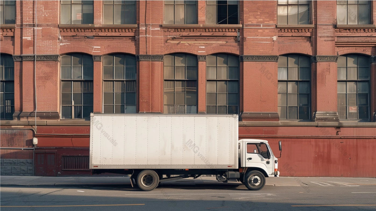 Freight truck mockup parked in front of red brick building with arched windows, ai generated. City logistics. Lorry template advertising image. Commercial vehicle mock up photorealistic