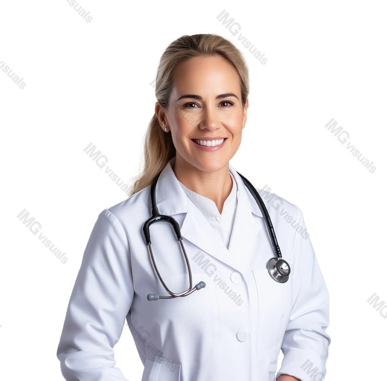 Friendly female doctor in white coat image isolated transparent, ai generated. Smiling physician woman with stethoscope cut out photo png. Medical services. Healthcare provider cutout photography