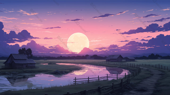 Full moon rises over tranquil wetland at dusk ai generated 2D cartoon illustration. Rustic cabins lofi wallpaper background lo-fi art. Moonrise rural waterside flat image cozy chill vibe