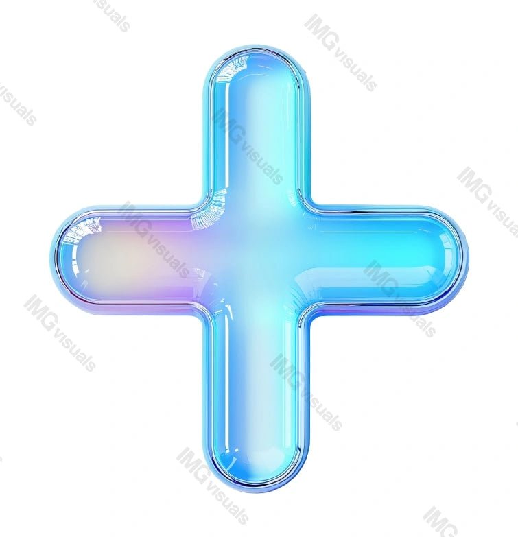 Futuristic glass plus symbol with holographic blue gradient transparent image, ai generated. First aid emergency sign isolated cutout 3d render. Medical logo cut out clipart design element png