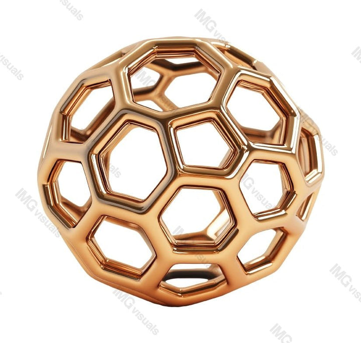Futuristic golden buckyball structure transparent image, ai generated. Hexagonal and pentagonal shapes isolated cutout 3d render. Quantum science. Abstract geometry cut out clipart design element png
