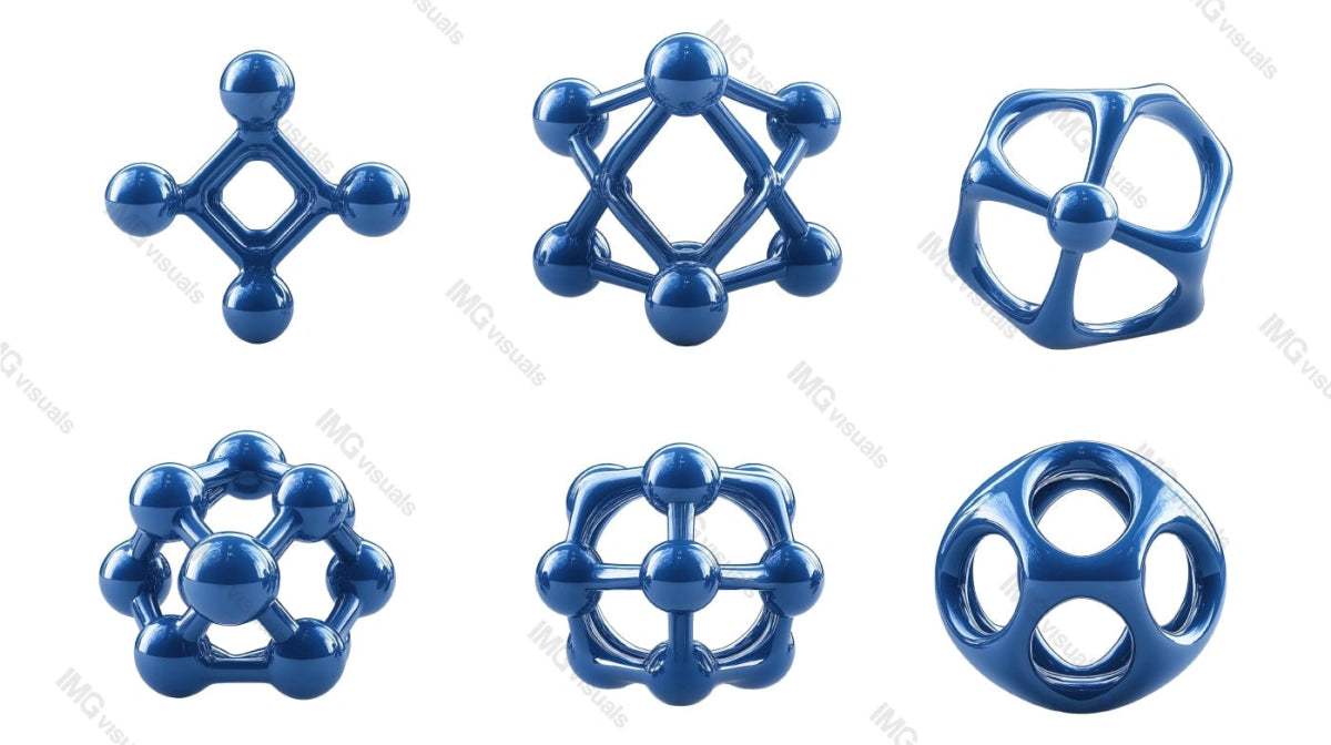 Futuristic molecular and atomic structures in metallic blue transparent image set, ai generated. Scientific isolated cutouts 3d render. Nanotechnology cut outs cliparts design elements png collection