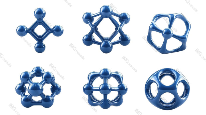 Futuristic molecular and atomic structures in metallic blue transparent image set, ai generated. Scientific isolated cutouts 3d render. Nanotechnology cut outs cliparts design elements png collection