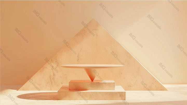 Geometric composition pedestal podium mockup in warm beige tones, ai generated. Triangular backdrop. Elegant setup. Empty showcase background. Branding presentation product display design