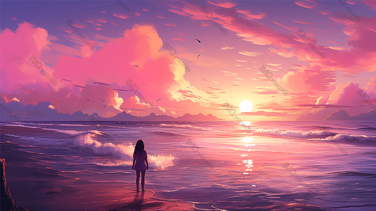 Girl gazes at ocean under vivid sunset sky ai generated 2D cartoon illustration. Evening solitude seascape lofi wallpaper background lo-fi art. Coastal sun reflection flat image cozy chill vibe