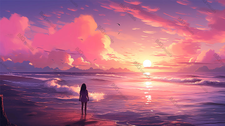 Girl gazes at ocean under vivid sunset sky ai generated 2D cartoon illustration. Evening solitude seascape lofi wallpaper background lo-fi art. Coastal sun reflection flat image cozy chill vibe