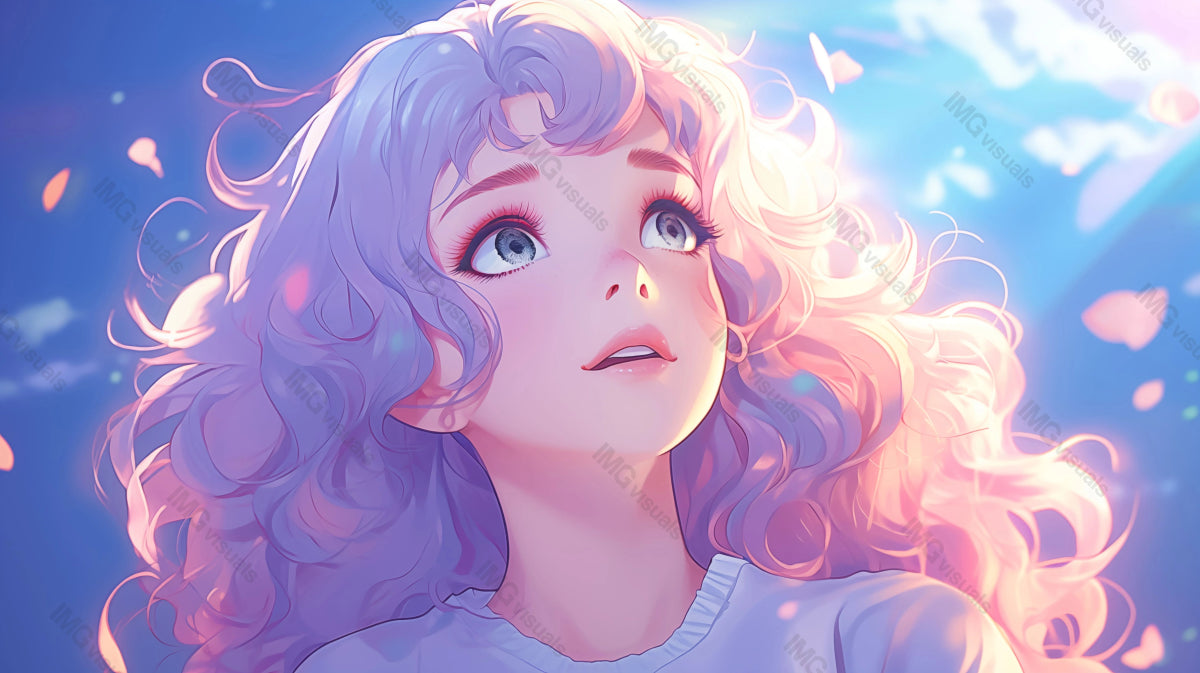 Girl with curly pastel pink hair gazes upwards ai generated 2D cartoon illustration. Female eyes filled with wonder lofi wallpaper background lo-fi art. Sky with floating petals flat image cozy vibe