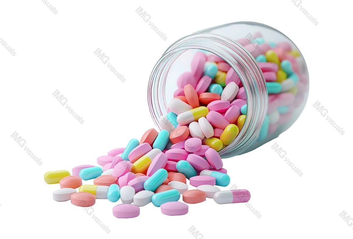 Glass bottle tipped over, spilling pills transparent image, ai generated. Hospital medication. Pharmaceuticals isolated cutout 3d render. Medical treatment container cut out clipart design element png