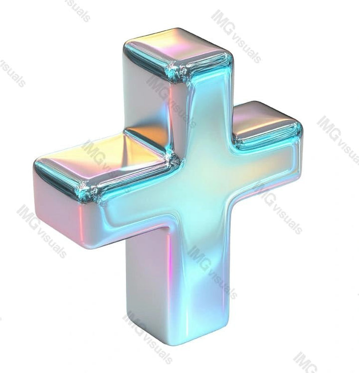 Glossy iridescent plus symbol reflecting metallic hues transparent image, ai generated. Shiny cross. First aid emergency sign isolated cutout 3d render. Medical logo cut out clipart design element png