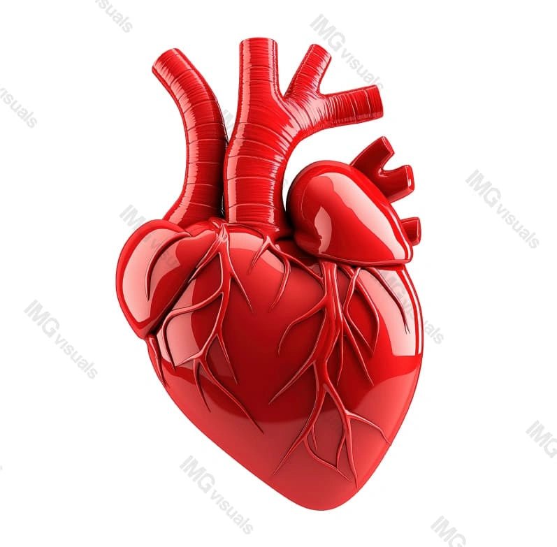 Glossy red anatomical heart model with arteries and veins transparent image, ai generated. Human circulatory system isolated cutout 3d render. Cardiac organ cut out clipart design element png
