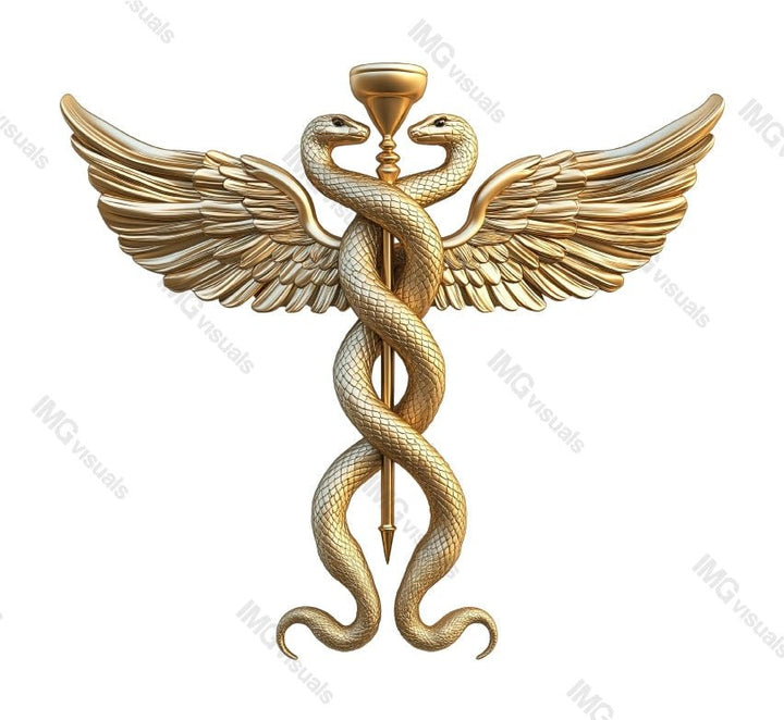 Golden caduceus medical symbol transparent image, ai generated. Two serpents entwined around staff with wings and chalice isolated cutout 3d render. Pharmaceutical cut out clipart design element png