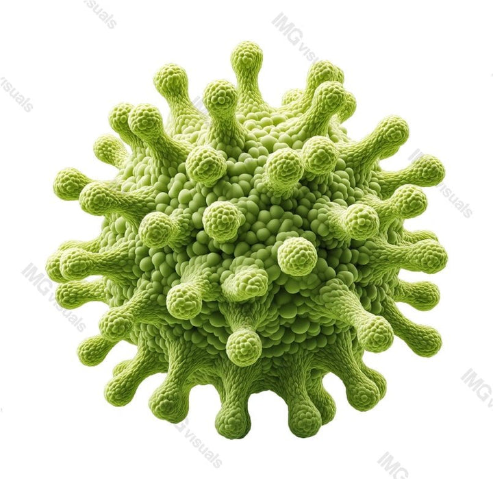 Green virus particle with spikes transparent image, ai generated. Infectious diseases, virology, microbiology isolated cutout 3d render. Microscopic pathogen cut out clipart design element png