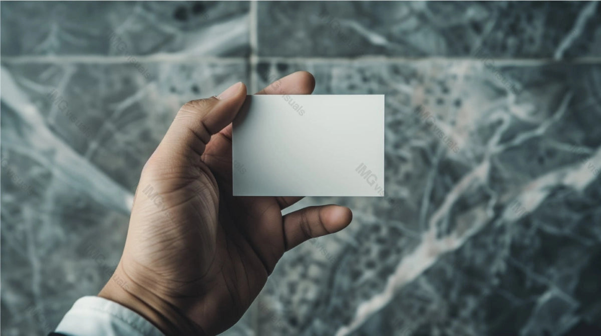 Hand holding blank card mockup against marble patterned background, ai generated. Businesscard template advertising image. Elegance, simplicity of design. Professional mock up product photorealistic