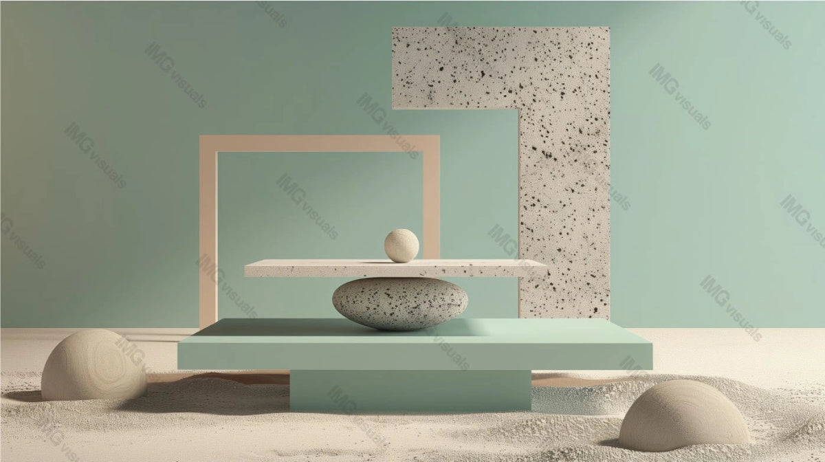 Harmonious and artistic composition pedestal podium mockup, ai generated. Dotted stone textures and green pastel colors. Empty showcase background. Branding presentation product display design
