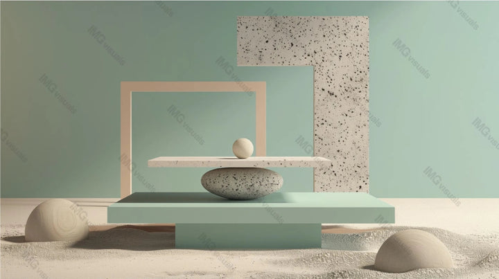 Harmonious and artistic composition pedestal podium mockup, ai generated. Dotted stone textures and green pastel colors. Empty showcase background. Branding presentation product display design