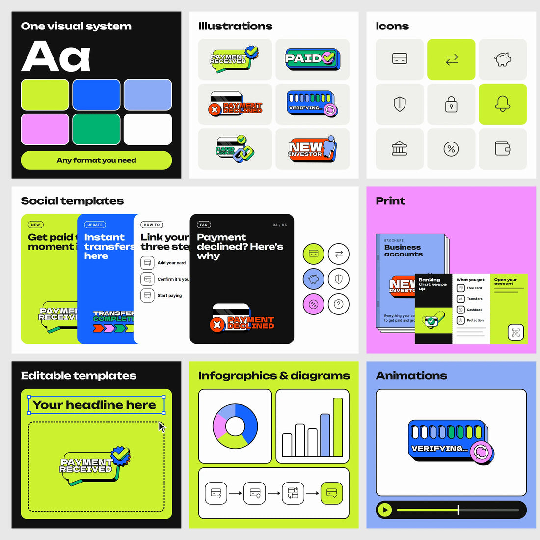 One visual system by IMG Visuals: matching illustrations, icons, social templates, print, editable templates, infographics and animations for a FinTech app