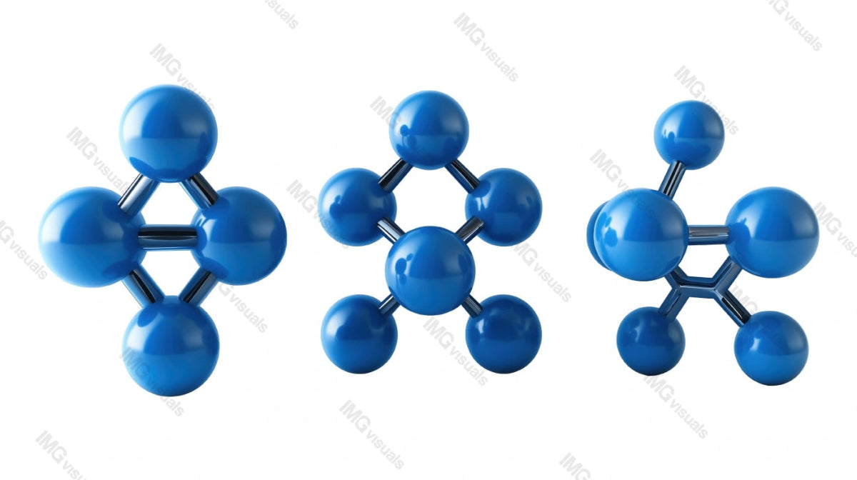 High-tech metallic blue molecular structures with chemical bonds transparent image set, ai generated. Biotechnology isolated cutouts 3d render. Scifi cut outs cliparts design elements png collection
