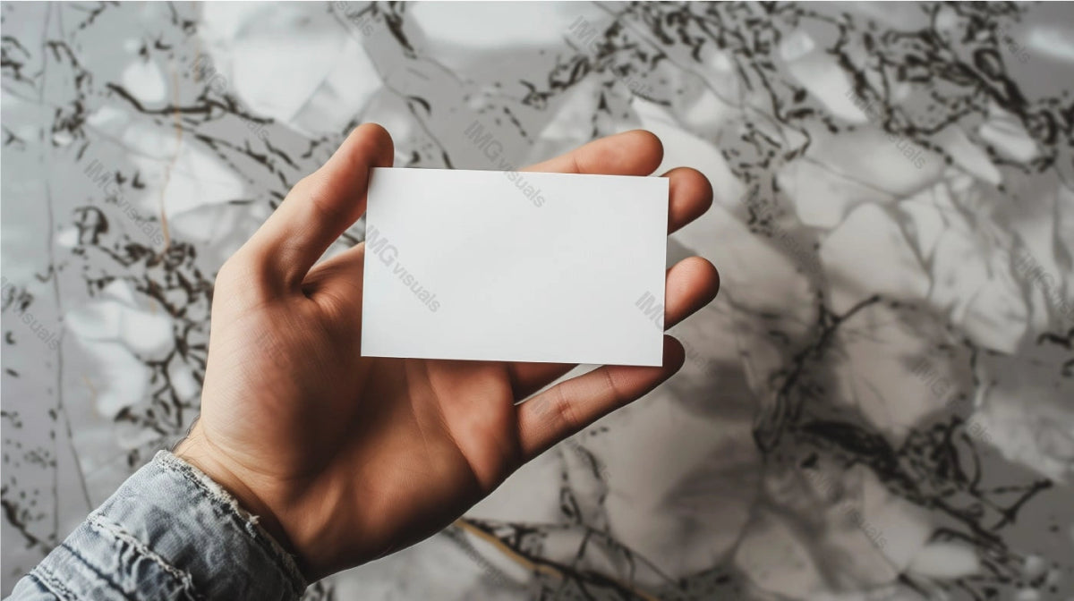 Holding business card mockup against blurred background with abstract pattern, ai generated. Businesscard template advertising image. Simplicity, personal branding. Professional mock up photorealistic