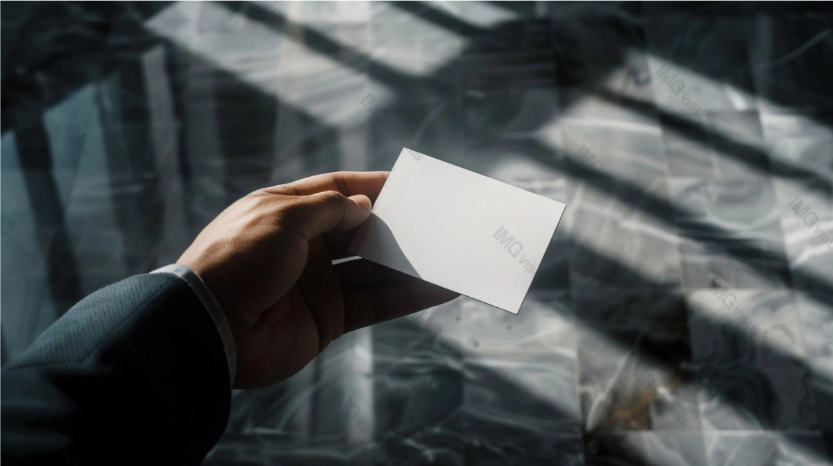 Holding white business card mockup against shadows marbled surface, ai generated. Lawyer office. Suit hand with businesscard template advertising image. Professional mock up product photorealistic