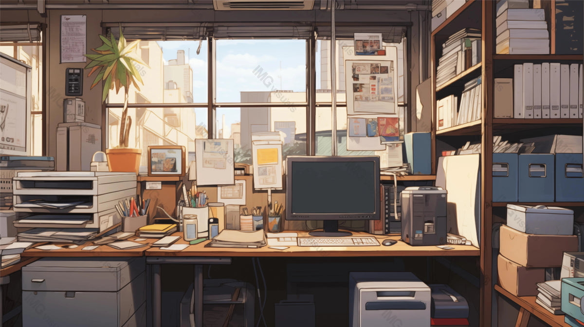 Home office studio desk overlooking urban skyline ai generated 2D cartoon illustration. Inspiring workspace lofi wallpaper background lo-fi art. Productive environment flat image cozy chill vibe