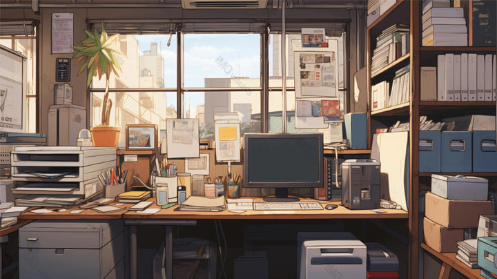 Home office studio desk overlooking urban skyline ai generated 2D cartoon illustration. Inspiring workspace lofi wallpaper background lo-fi art. Productive environment flat image cozy chill vibe