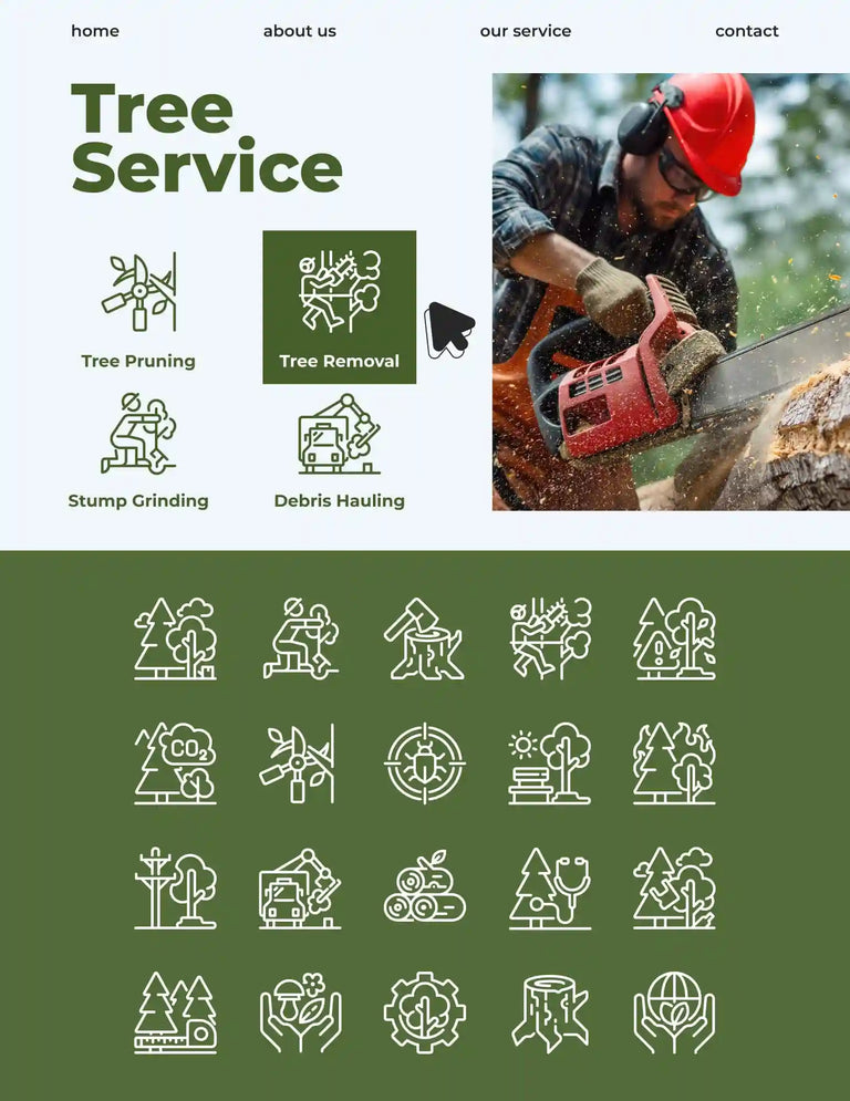 A website banner or service page for 'Tree Service' featuring a header with the text 'Tree Service', icons for Tree Pruning, Tree Removal, Stump Grinding, and Debris Hauling, a photo of a tree worker using a chainsaw, and a green section with white line icons representing various tree care services.