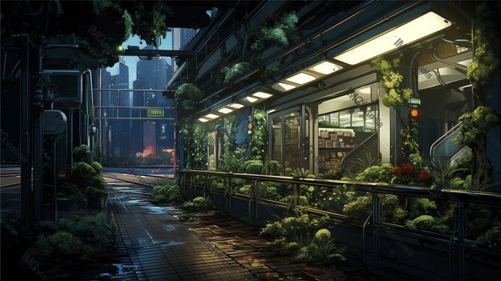 Illuminated eco-friendly train station at dusk ai generated 2D cartoon illustration. Enveloped foliage platform lofi wallpaper background lo-fi art. Botanical commute flat image cozy chill vibe