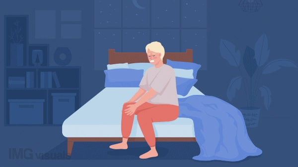 Animated night pains illustration. Young man with knee cramps. Bone problems. Looped flat color 2D cartoon characters animation with bedroom on background. HD video with alpha channel