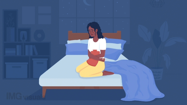 Animated period aches illustration. Menstrual cramps at night. Woman relieve menstruation pain. Looped flat color 2D cartoon character animation with bedroom on background. HD video with alpha channel