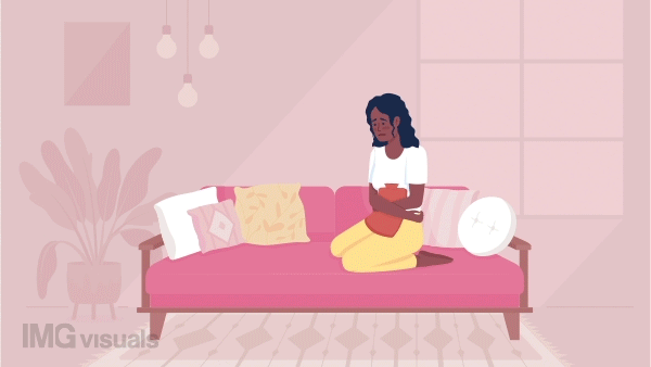 Animated relieve period illustration. Menstruation pains. Woman overcome menstrual cramps. Looped flat color 2D cartoon character animation with living room on background. HD video with alpha channel