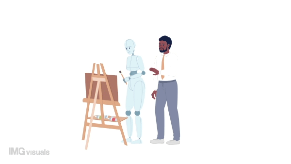 Animated AI painting generator app. Artificial intelligence artist and client. Flat characters animation white background with alpha channel transparency. Color cartoon style 4K video footage